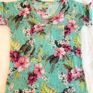 Flamingo Urban Floral V-Neck Blouse - Teal and Pink